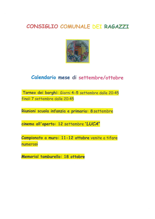 Calendario eventi mese di settembre e ottobre